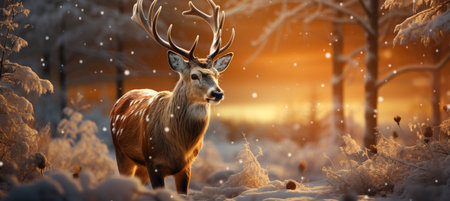 Christmas winter landscape with snow drifts, mountain village, forest, pines, reindeer. Holiday nature background with fox, hills, housesの素材