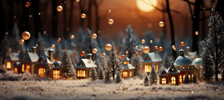 Christmas winter landscape with snow drifts, mountain village, forest, pines, reindeer. Holiday nature background with fox, hills, housesの素材