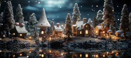 Christmas winter landscape with snow drifts, mountain village, forest, pines, reindeer. Holiday nature background with fox, hills, housesの素材