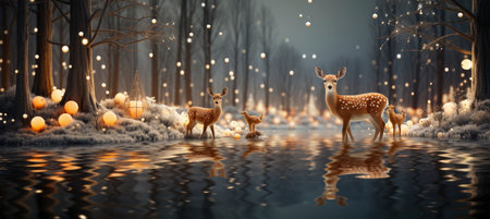 Christmas winter landscape with snow drifts, mountain village, forest, pines, reindeer. Holiday nature background with fox, hills, housesの素材