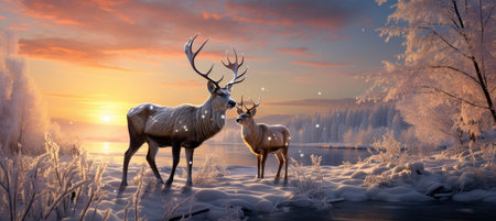 Christmas winter landscape with snow drifts, mountain village, forest, pines, reindeer. Holiday nature background with fox, hills, housesの素材
