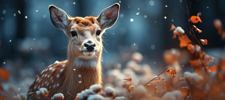Christmas winter landscape with snow drifts, mountain village, forest, pines, reindeer. Holiday nature background with fox, hills, housesの素材