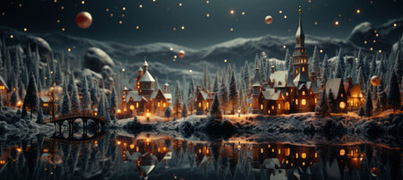 Christmas winter landscape with snow drifts, mountain village, forest, pines, reindeer. Holiday nature background with fox, hills, housesの素材