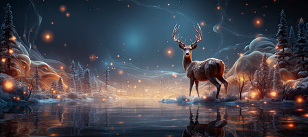 Christmas winter landscape with snow drifts, mountain village, forest, pines, reindeer. Holiday nature background with fox, hills, housesの素材