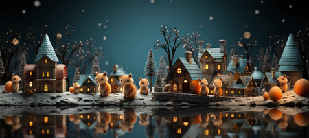 Christmas winter landscape with snow drifts, mountain village, forest, pines, reindeer. Holiday nature background with fox, hills, housesの素材