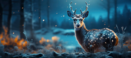 Christmas winter landscape with snow drifts, mountain village, forest, pines, reindeer. Holiday nature background with fox, hills, housesの素材