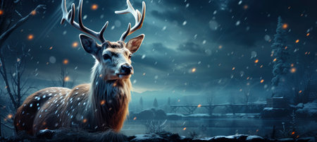 Christmas winter landscape with snow drifts, mountain village, forest, pines, reindeer. Holiday nature background with fox, hills, housesの素材