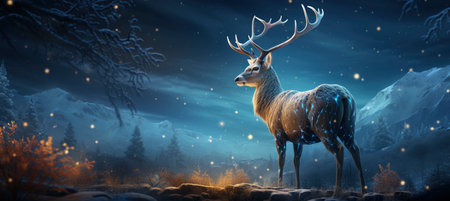 Christmas winter landscape with snow drifts, mountain village, forest, pines, reindeer. Holiday nature background with fox, hills, housesの素材