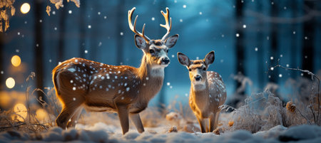 Christmas winter landscape with snow drifts, mountain village, forest, pines, reindeer. Holiday nature background with fox, hills, housesの素材