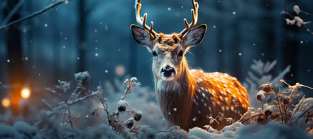 Christmas winter landscape with snow drifts, mountain village, forest, pines, reindeer. Holiday nature background with fox, hills, housesの素材