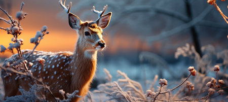 Christmas winter landscape with snow drifts, mountain village, forest, pines, reindeer. Holiday nature background with fox, hills, housesの素材