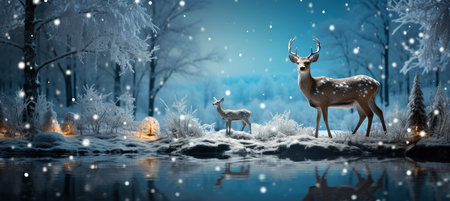Christmas winter landscape with snow drifts, mountain village, forest, pines, reindeer. Holiday nature background with fox, hills, housesの素材