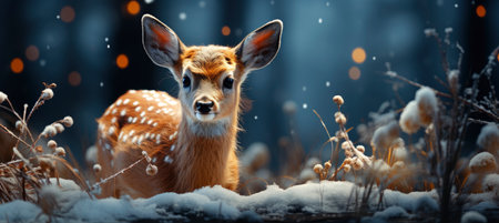 Christmas winter landscape with snow drifts, mountain village, forest, pines, reindeer. Holiday nature background with fox, hills, housesの素材
