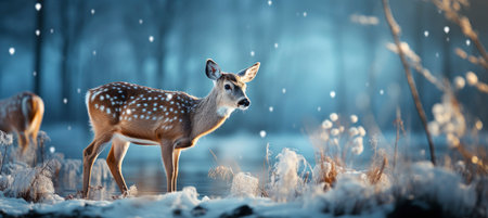Christmas winter landscape with snow drifts, mountain village, forest, pines, reindeer. Holiday nature background with fox, hills, housesの素材
