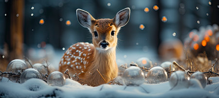 Christmas winter landscape with snow drifts, mountain village, forest, pines, reindeer. Holiday nature background with fox, hills, housesの素材