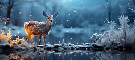 Christmas winter landscape with snow drifts, mountain village, forest, pines, reindeer. Holiday nature background with fox, hills, housesの素材