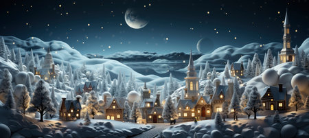 Christmas winter landscape with snow drifts, mountain village, forest, pines, reindeer. Holiday nature background with fox, hills, housesの素材