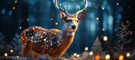 Christmas winter landscape with snow drifts, mountain village, forest, pines, reindeer. Holiday nature background with fox, hills, housesの素材