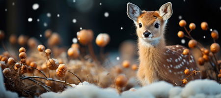 Christmas winter landscape with snow drifts, mountain village, forest, pines, reindeer. Holiday nature background with fox, hills, housesの素材