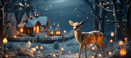 Christmas winter landscape with snow drifts, mountain village, forest, pines, reindeer. Holiday nature background with fox, hills, housesの素材