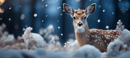 Christmas winter landscape with snow drifts, mountain village, forest, pines, reindeer. Holiday nature background with fox, hills, housesの素材