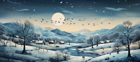 Christmas winter landscape with snow drifts, mountain village, forest, pines, reindeer. Holiday nature background with fox, hills, housesの素材