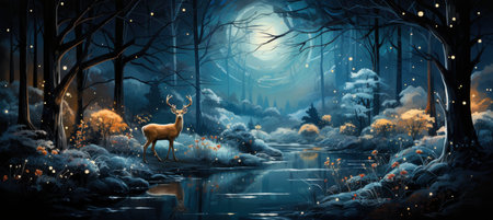 Christmas winter landscape with snow drifts, mountain village, forest, pines, reindeer. Holiday nature background with fox, hills, housesの素材