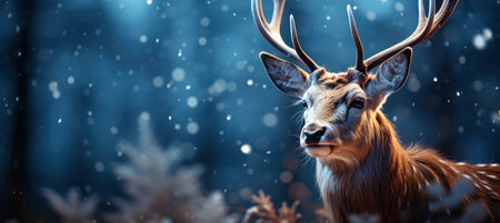 Christmas winter landscape with snow drifts, mountain village, forest, pines, reindeer. Holiday nature background with fox, hills, housesの素材