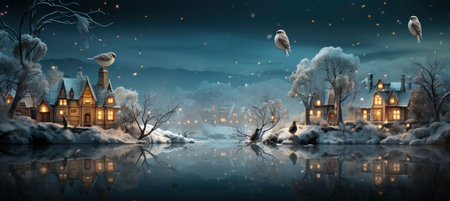 Christmas winter landscape with snow drifts, mountain village, forest, pines, reindeer. Holiday nature background with fox, hills, housesの素材