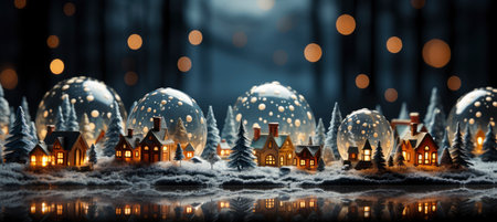 Christmas winter landscape with snow drifts, mountain village, forest, pines, reindeer. Holiday nature background with fox, hills, housesの素材