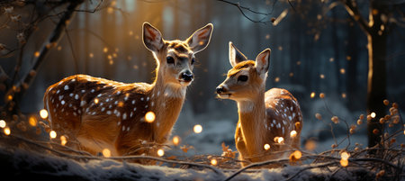 Christmas winter landscape with snow drifts, mountain village, forest, pines, reindeer. Holiday nature background with fox, hills, housesの素材