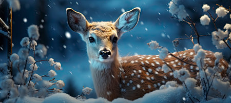 Christmas winter landscape with snow drifts, mountain village, forest, pines, reindeer. Holiday nature background with fox, hills, housesの素材