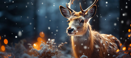 Christmas winter landscape with snow drifts, mountain village, forest, pines, reindeer. Holiday nature background with fox, hills, housesの素材