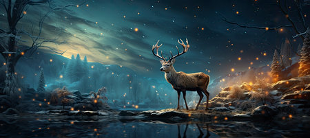 Christmas winter landscape with snow drifts, mountain village, forest, pines, reindeer. Holiday nature background with fox, hills, housesの素材