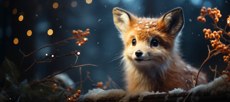 Christmas winter landscape with snow drifts, mountain village, forest, pines, reindeer. Holiday nature background with fox, hills, housesの素材