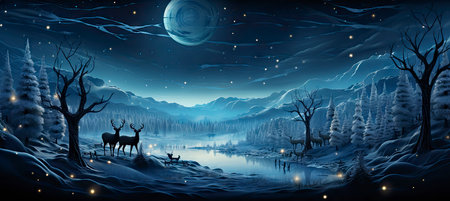 Christmas winter landscape with snow drifts, mountain village, forest, pines, reindeer. Holiday nature background with fox, hills, housesの素材