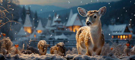 Christmas winter landscape with snow drifts, mountain village, forest, pines, reindeer. Holiday nature background with fox, hills, housesの素材