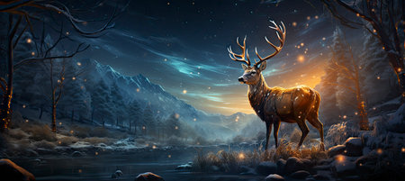Christmas winter landscape with snow drifts, mountain village, forest, pines, reindeer. Holiday nature background with fox, hills, housesの素材