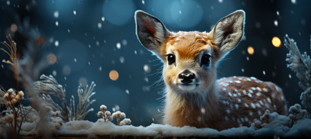 Christmas winter landscape with snow drifts, mountain village, forest, pines, reindeer. Holiday nature background with fox, hills, housesの素材