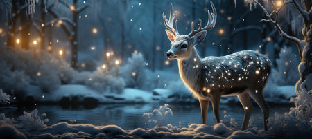 Christmas winter landscape with snow drifts, mountain village, forest, pines, reindeer. Holiday nature background with fox, hills, housesの素材