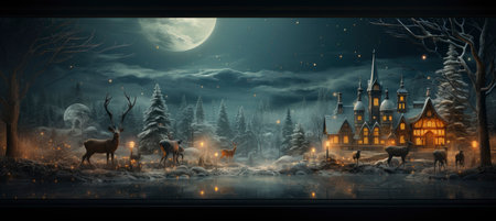 Christmas winter landscape with snow drifts, mountain village, forest, pines, reindeer. Holiday nature background with fox, hills, housesの素材