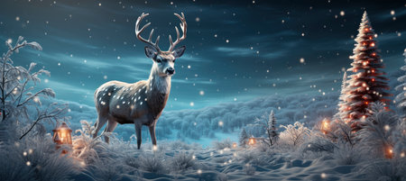 Christmas winter landscape with snow drifts, mountain village, forest, pines, reindeer. Holiday nature background with fox, hills, housesの素材
