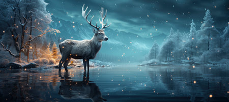 Christmas winter landscape with snow drifts, mountain village, forest, pines, reindeer. Holiday nature background with fox, hills, housesの素材