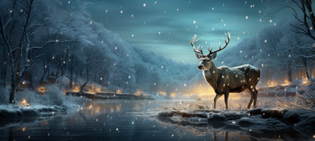 Christmas winter landscape with snow drifts, mountain village, forest, pines, reindeer. Holiday nature background with fox, hills, housesの素材