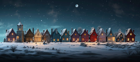 Christmas winter landscape with snow drifts, mountain village, forest, pines, reindeer. Holiday nature background with fox, hills, housesの素材