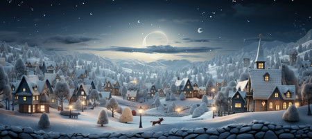 Christmas winter landscape with snow drifts, mountain village, forest, pines, reindeer. Holiday nature background with fox, hills, housesの素材