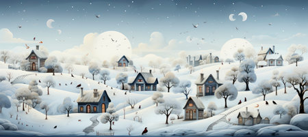 Christmas winter landscape with snow drifts, mountain village, forest, pines, reindeer. Holiday nature background with fox, hills, housesの素材