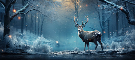 Christmas winter landscape with snow drifts, mountain village, forest, pines, reindeer. Holiday nature background with fox, hills, housesの素材