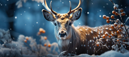 Christmas winter landscape with snow drifts, mountain village, forest, pines, reindeer. Holiday nature background with fox, hills, housesの素材