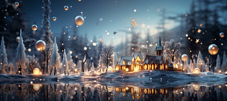 Christmas winter landscape with snow drifts, mountain village, forest, pines, reindeer. Holiday nature background with fox, hills, housesの素材